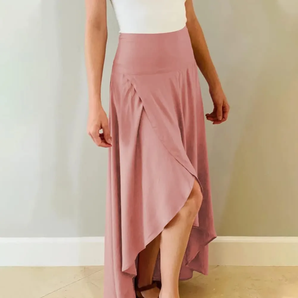Women's High Low Casual Slit Wrap Asymmetrical Skirt - Solid Elastic High Waist With High Split - Flowy Long Maxi