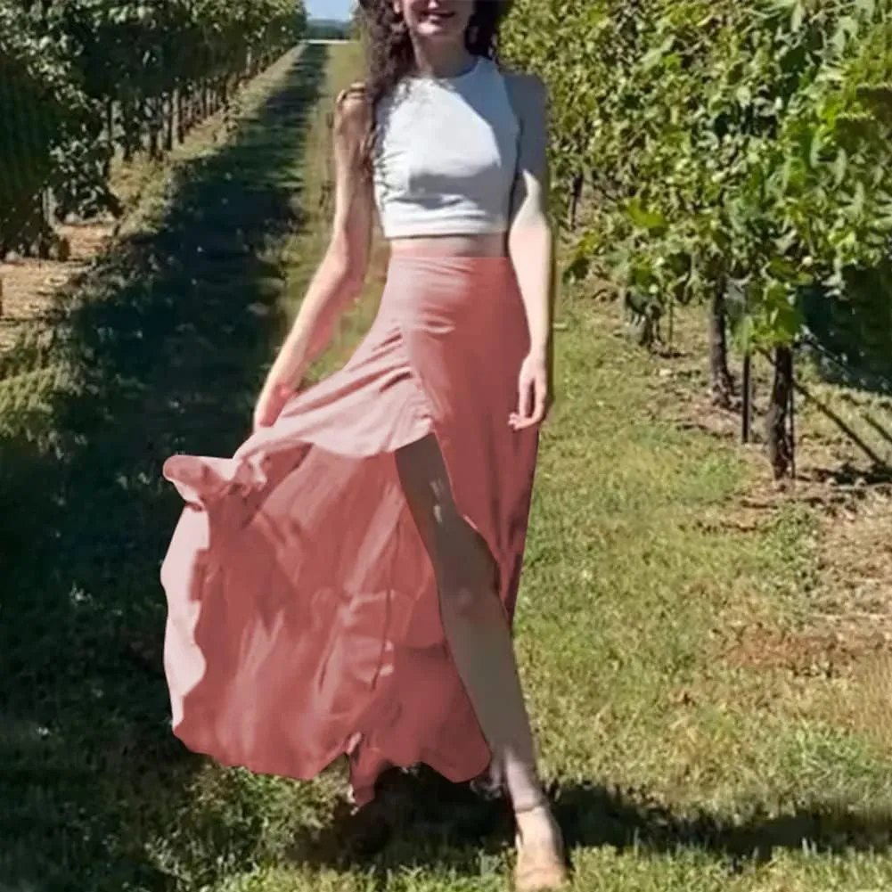 Women's High Low Casual Slit Wrap Asymmetrical Skirt - Solid Elastic High Waist With High Split - Flowy Long Maxi