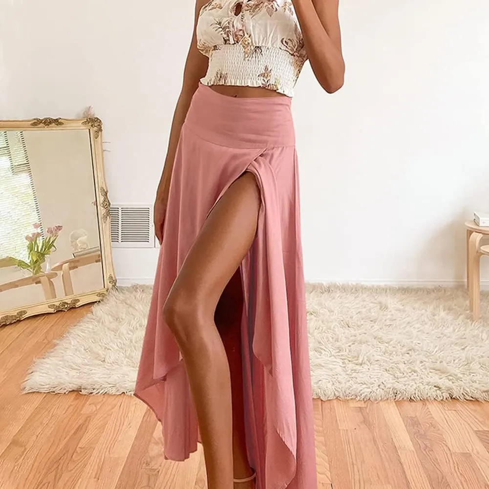Women's High Low Casual Slit Wrap Asymmetrical Skirt - Solid Elastic High Waist With High Split - Flowy Long Maxi