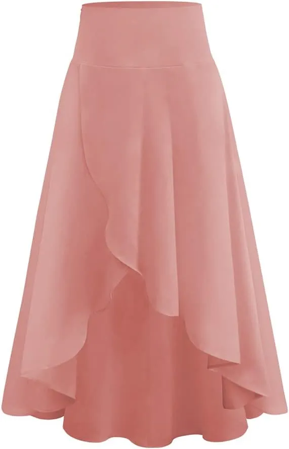 Women's High Low Casual Slit Wrap Asymmetrical Skirt - Solid Elastic High Waist With High Split - Flowy Long Maxi