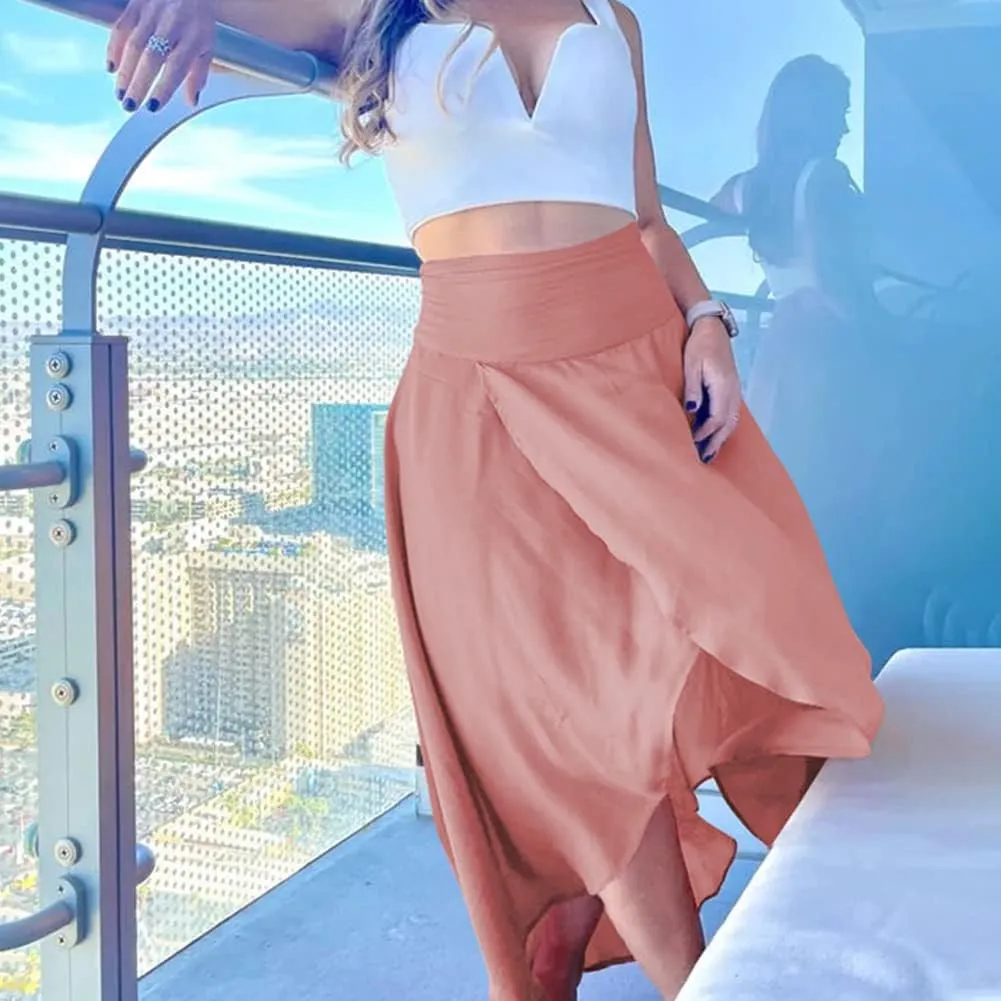 Women's High Low Casual Slit Wrap Asymmetrical Skirt - Solid Elastic High Waist With High Split - Flowy Long Maxi