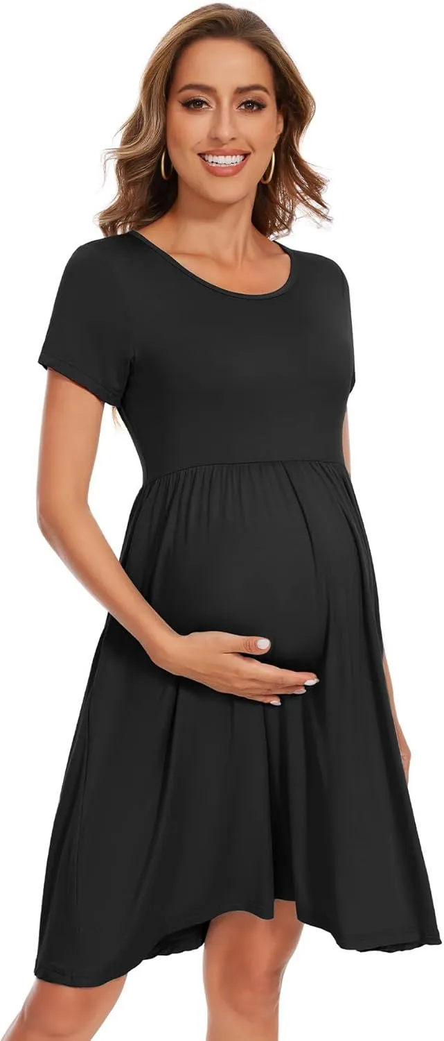 Women's Short Sleeve Maternity Dress Patchwork Pregnancy Clothes with Pockets