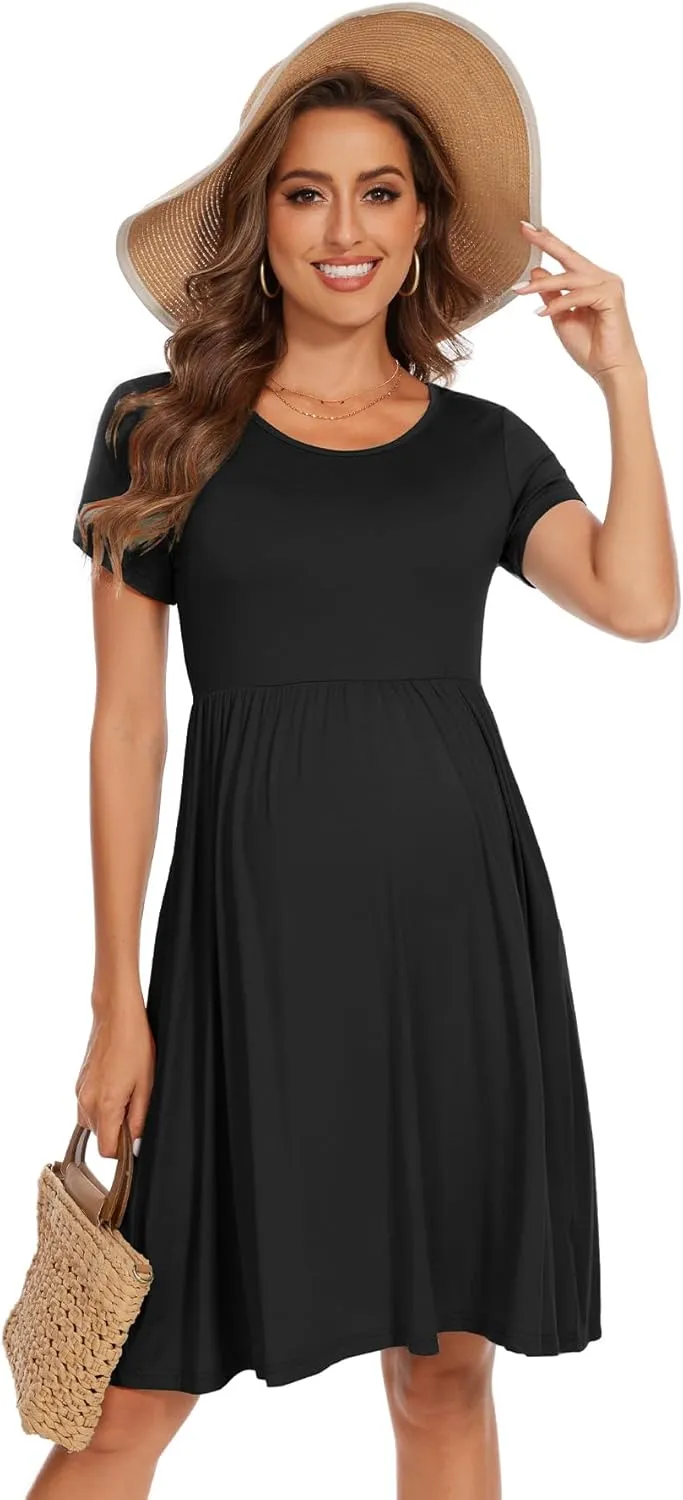 Women's Short Sleeve Maternity Dress Patchwork Pregnancy Clothes with Pockets