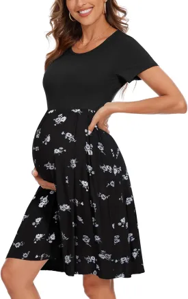 Women's Short Sleeve Maternity Dress Patchwork Pregnancy Clothes with Pockets