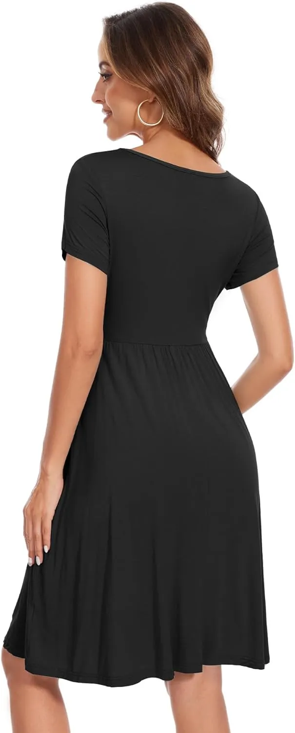 Women's Short Sleeve Maternity Dress Patchwork Pregnancy Clothes with Pockets