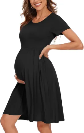 Women's Short Sleeve Maternity Dress Patchwork Pregnancy Clothes with Pockets