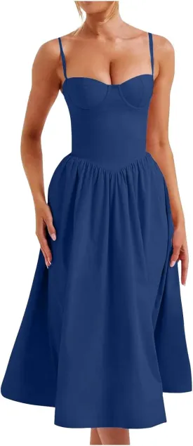 Women's Vintage Corset Dress Spaghetti Strap A-Line Midi Dress Elegant Cocktail Party Evening Dresses