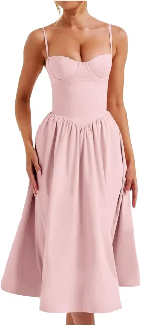 Women's Vintage Corset Dress Spaghetti Strap A-Line Midi Dress Elegant Cocktail Party Evening Dresses