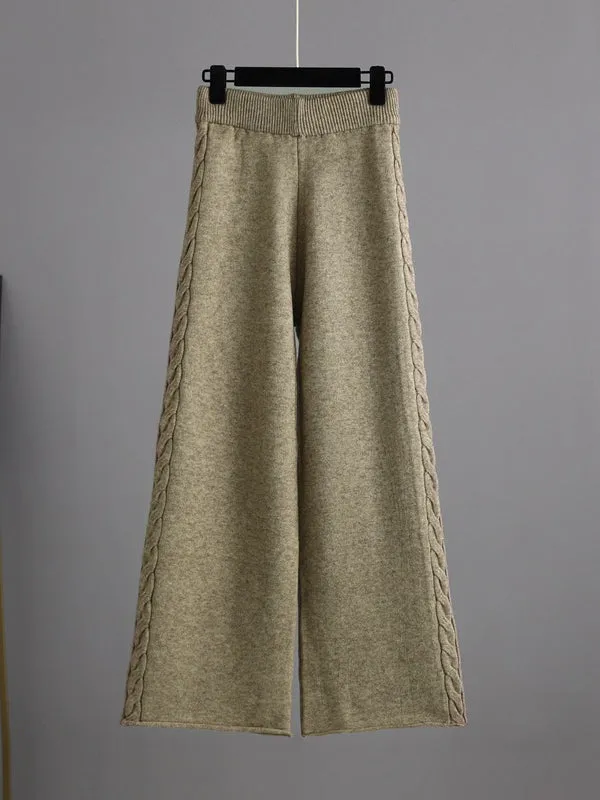 xakxx Stylish Loose Long Sleeves Solid Color V-Neck Sweater Tops& Wide Leg Pants Two Pieces Set