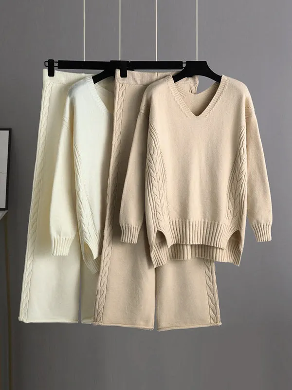 xakxx Stylish Loose Long Sleeves Solid Color V-Neck Sweater Tops& Wide Leg Pants Two Pieces Set