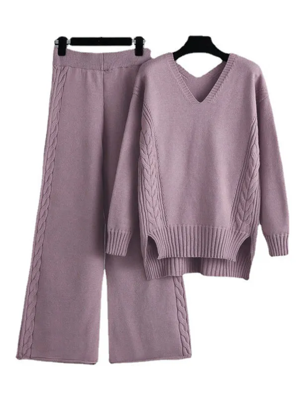 xakxx Stylish Loose Long Sleeves Solid Color V-Neck Sweater Tops& Wide Leg Pants Two Pieces Set