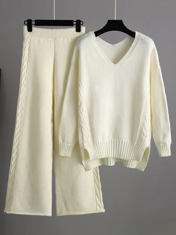 xakxx Stylish Loose Long Sleeves Solid Color V-Neck Sweater Tops& Wide Leg Pants Two Pieces Set