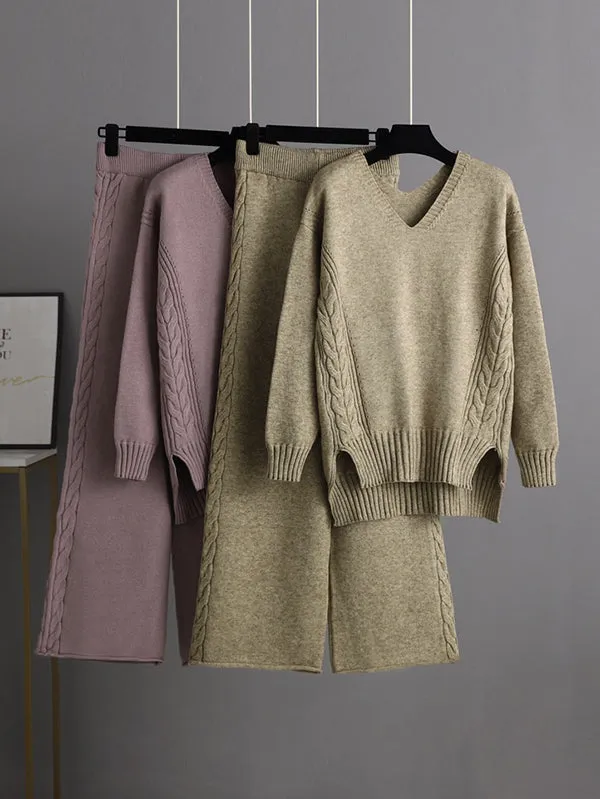 xakxx Stylish Loose Long Sleeves Solid Color V-Neck Sweater Tops& Wide Leg Pants Two Pieces Set