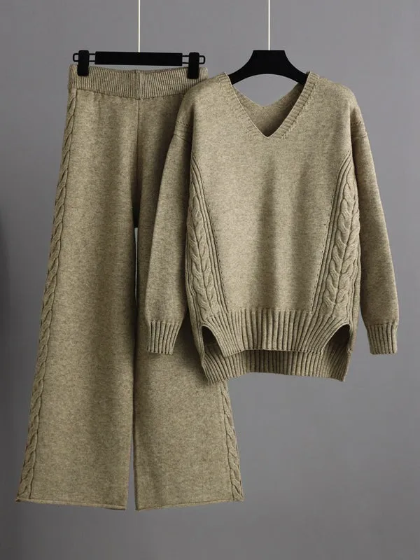 xakxx Stylish Loose Long Sleeves Solid Color V-Neck Sweater Tops& Wide Leg Pants Two Pieces Set