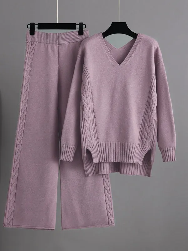 xakxx Stylish Loose Long Sleeves Solid Color V-Neck Sweater Tops& Wide Leg Pants Two Pieces Set