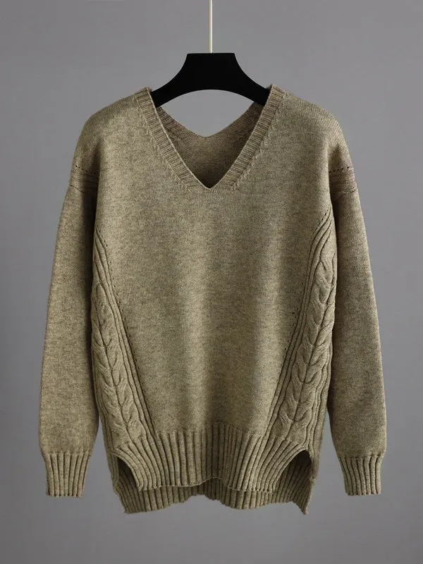 xakxx Stylish Loose Long Sleeves Solid Color V-Neck Sweater Tops& Wide Leg Pants Two Pieces Set