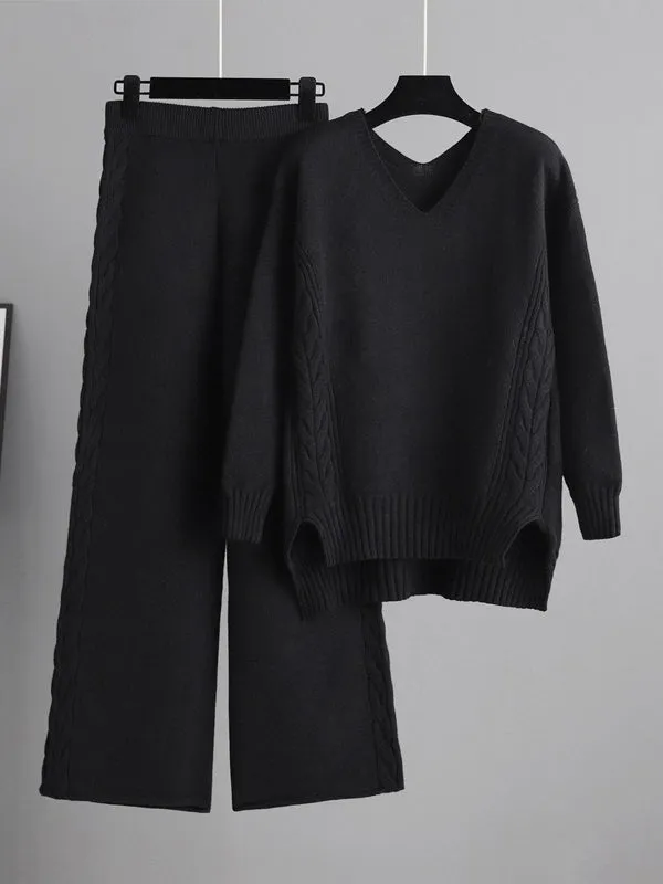 xakxx Stylish Loose Long Sleeves Solid Color V-Neck Sweater Tops& Wide Leg Pants Two Pieces Set